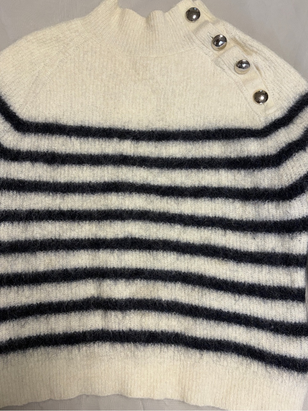 Sézane Striped Mohair Blend High Neck Button Shoulder Sweater Size L - Picture 5 of 10